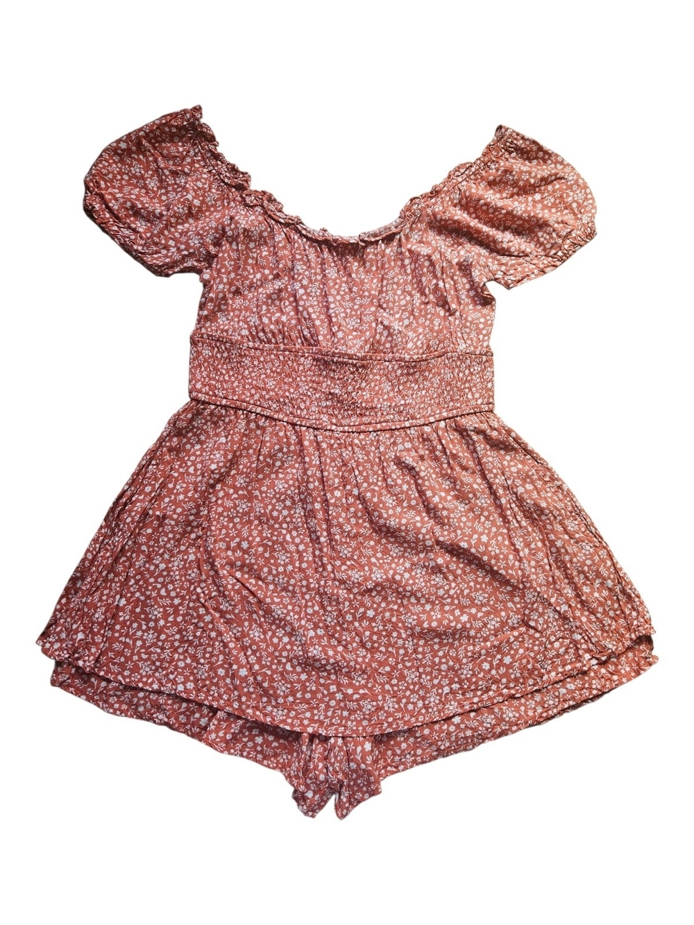 Bluenotes Cottagecore Rust Floral Smocked Romper with Puff Sleeves Size XL